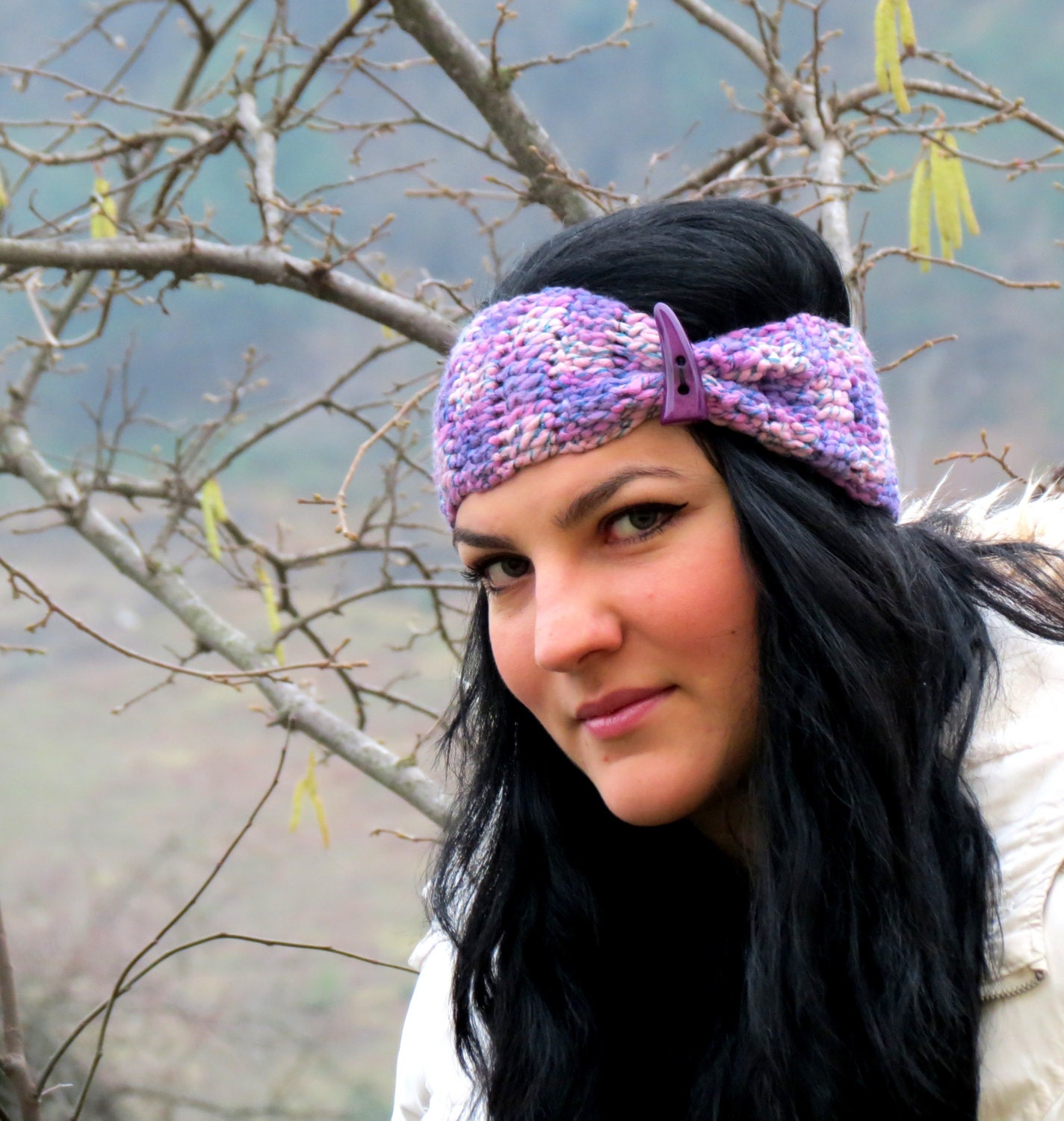Knitted Headband Purple Headband Ear Warmer with Button. Ear Warmer, Head Dress, Winter Fashion, Hair Bands Hair Coverings for Women