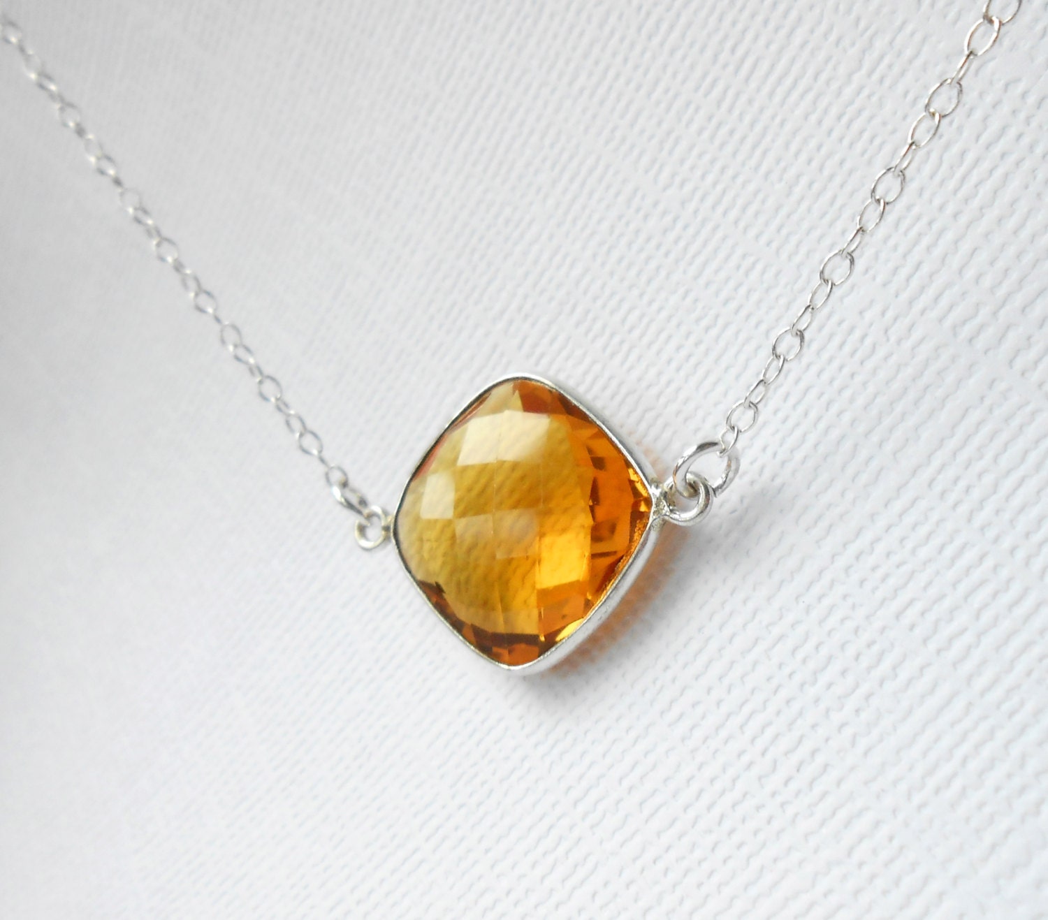 Honey Orange Quartz Necklace Bezel Set in Sterling Silver, Faceted, Gemstone Jewelry - Pretty Unique Necklace