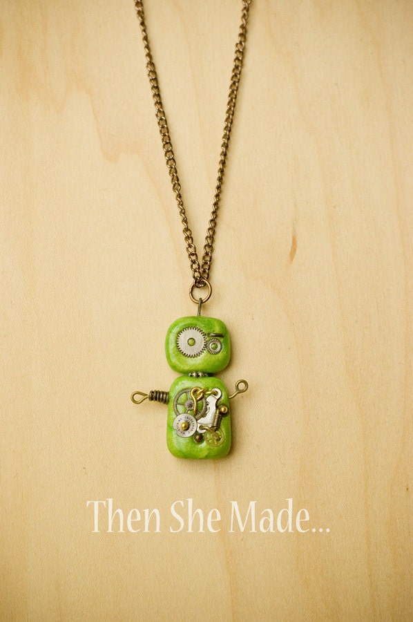 Little Green Steam Punk Robot Man Pendant Necklace