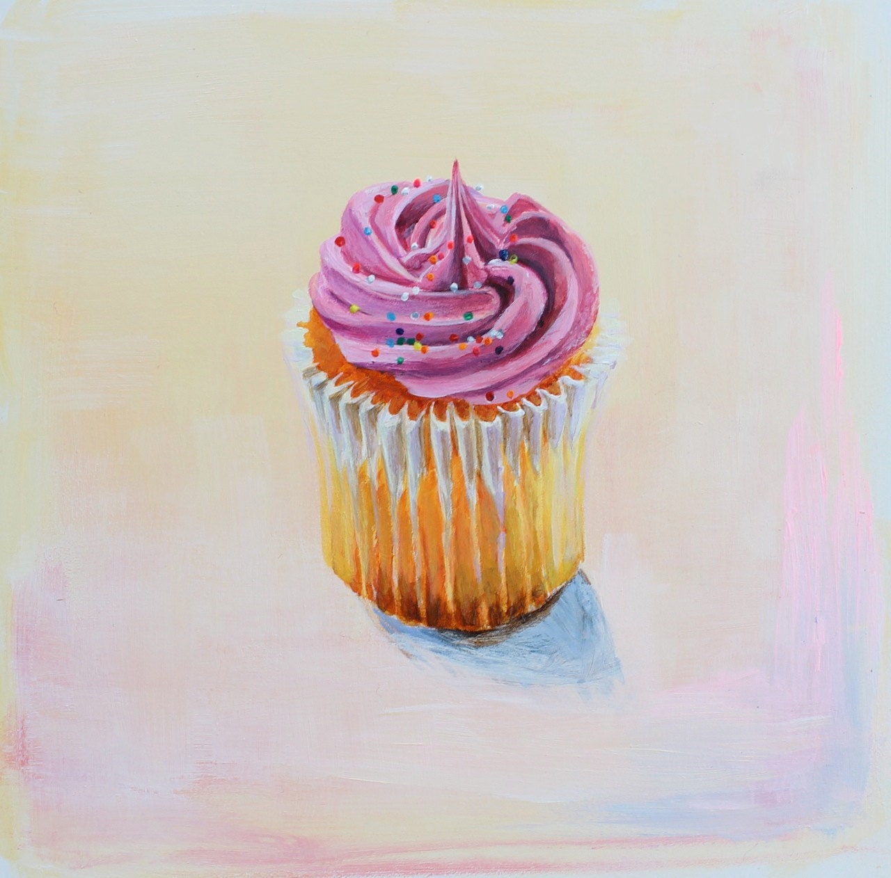 Pink Cupcake Painting, Quirky Still Life, Photorealism, Acrylic on Panel, 6 x 6 inches, by Heather McCaw Kerley