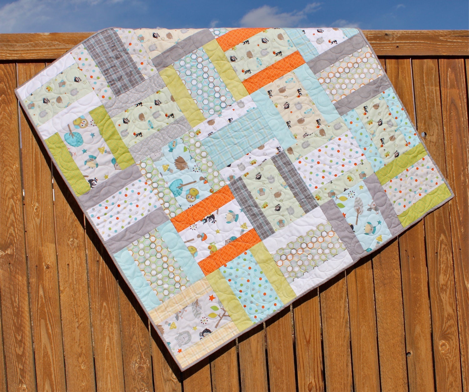 Animal Baby Boy Quilt Life in the Jungle Blanket Blue Green Orange Gray Handmade