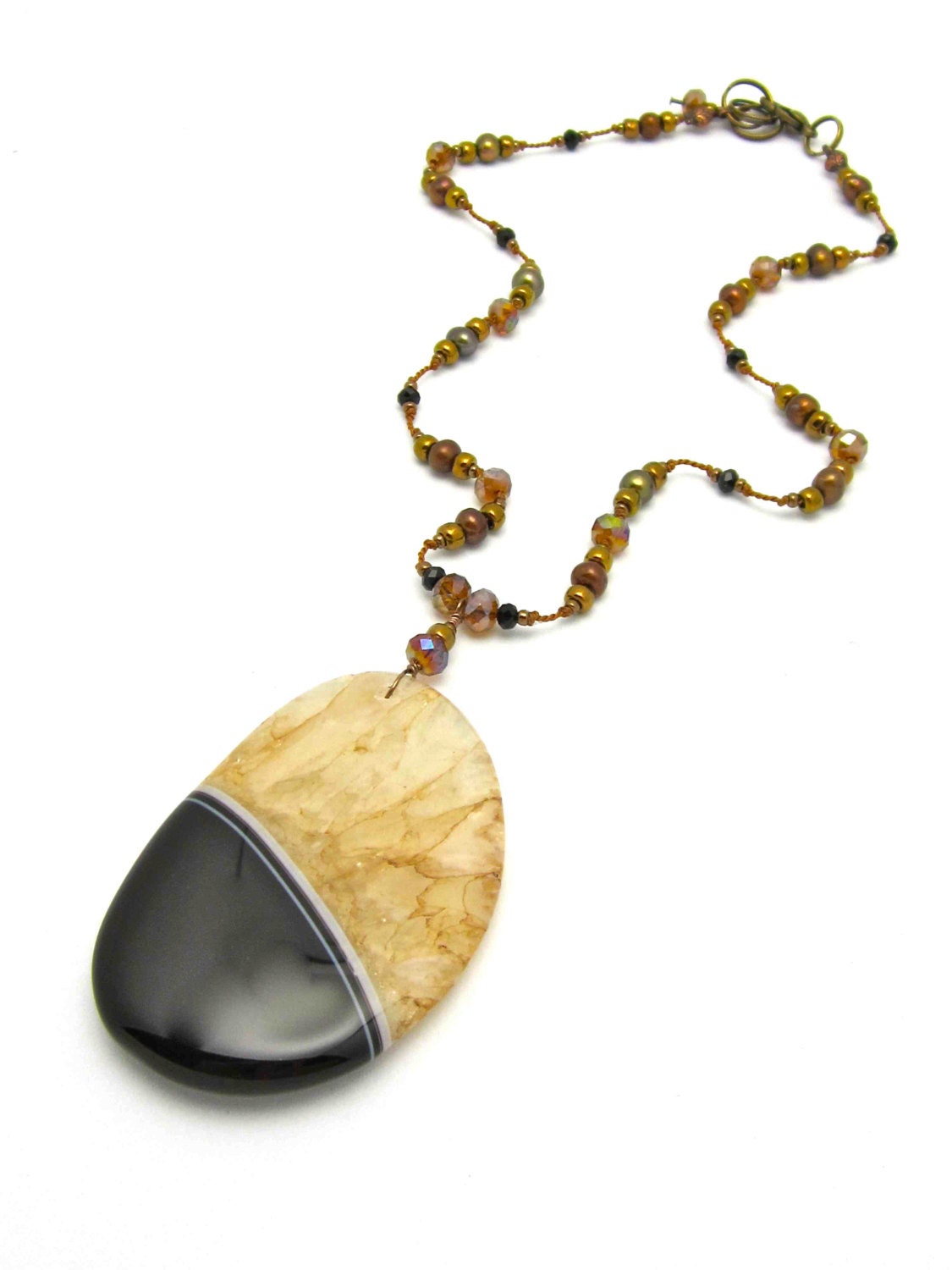 Black & Brown Agate Necklace - Freshwater Pearls and Swarovski Crystals