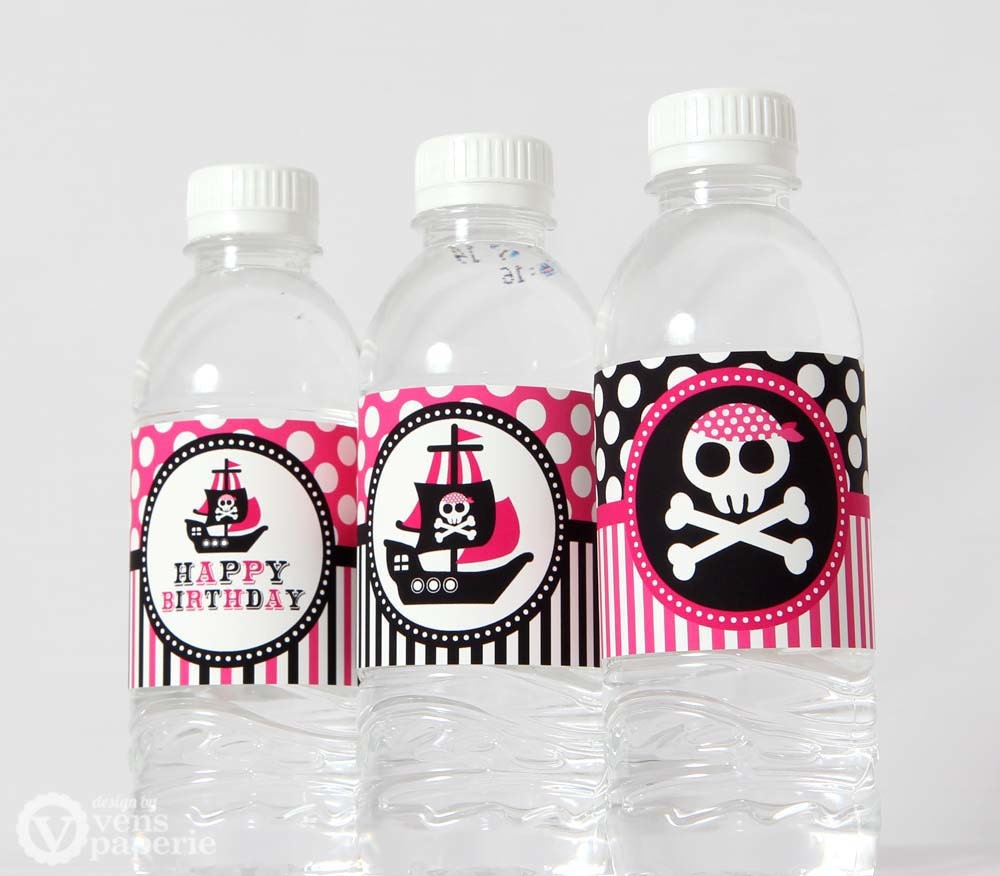 Pink Pirate Birthday Party - DIY PRINTABLE Water Bottle Drink Label - Instant Download - PS831CA2g