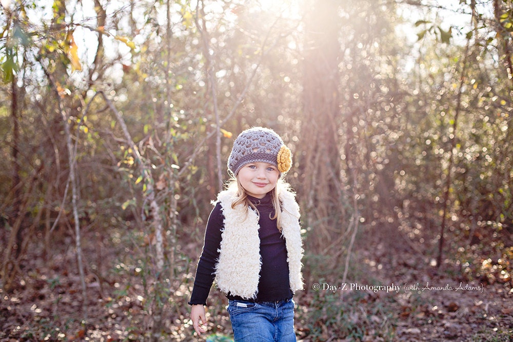 Girls Gray and Mustard Yellow Crochet Flower Beanie -  Baby Toddler Children - Fall Winter Hat