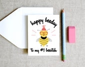 Happy Beeday Beeotch funny silly sarcastic honey bee birthday card for best friend boyfriend girlfriend husband wife doodle illustration