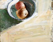 Original Oil Painting, pears in a bowl, Oil Paint on Wood panel, 18x18 inch wall decor