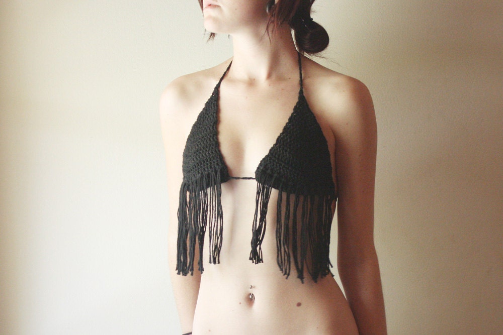 Black Cotton Fringe Triangle Bra / Bikini Top - Made To Order in Your Size - Handmade Crochet Bohemian Summer Swimwear