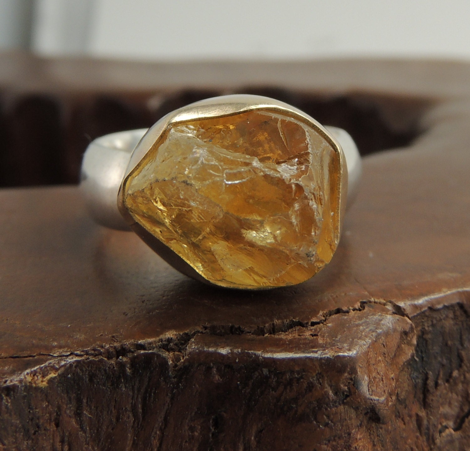 Uncut Citrine 14k Gold and Sterling Silver, Raw Stone Ring, Rough Stone Ring, Organic, Rustic, OOAK