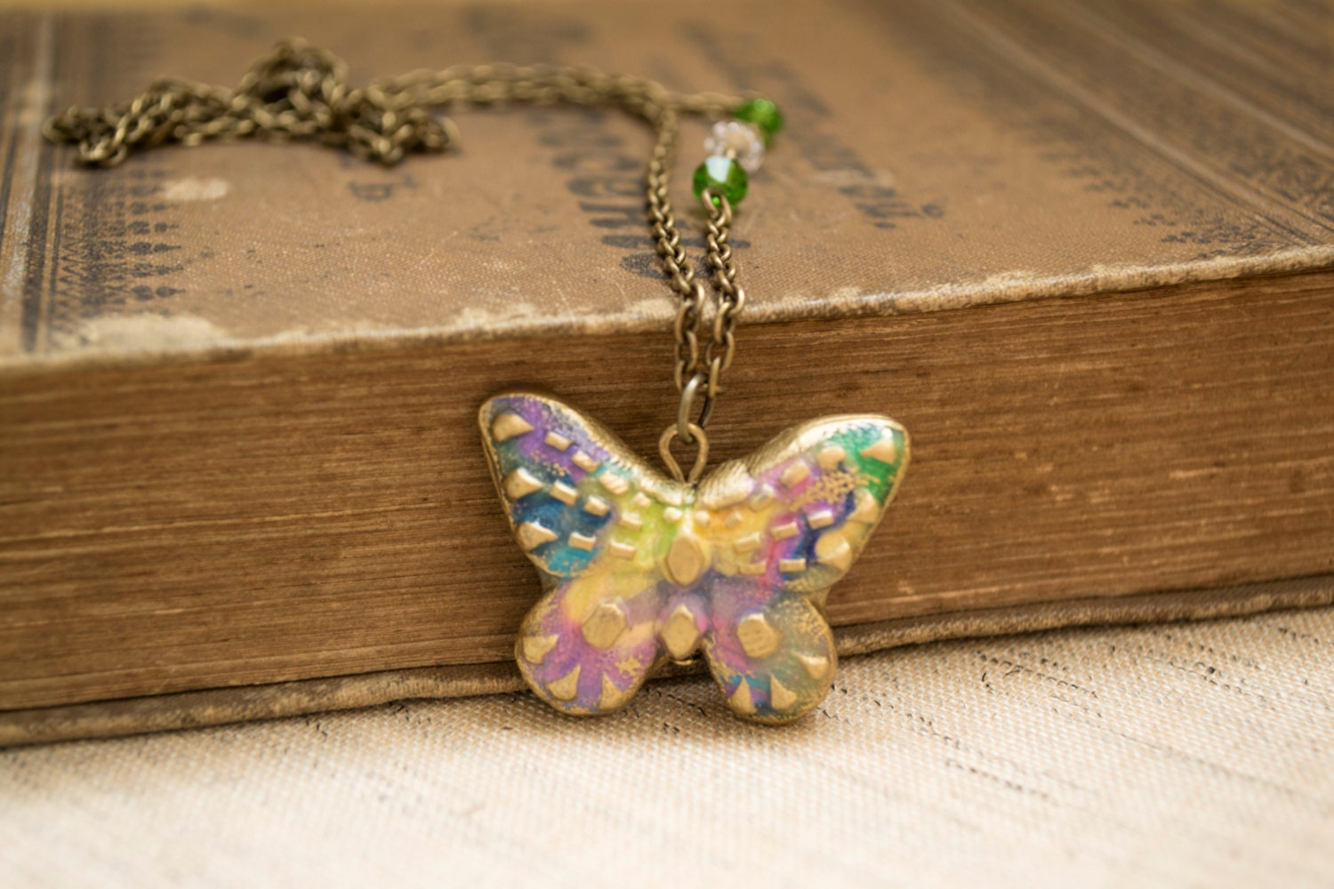 Polymer Clay Butterfly Necklace. Colorful Butterfly Pendant. Antique Brass Swarovski Crystal Beaded Chain. Handmade Jewelry