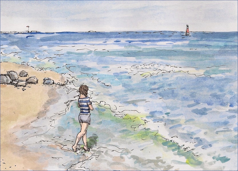 Fine art woman at Mantuck beach signed art print landscape girl in water painting Rhode Island Giclee  8.5x11
