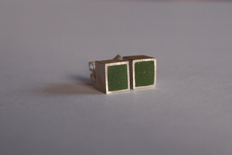 Green Cube Stud Earrings. Sterling Silver.