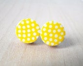 Yellow Stud Earrings, White Polka dots earrings, Citrus Yellow, Gift under 10, For Her, Birthday, Bridesmaids,