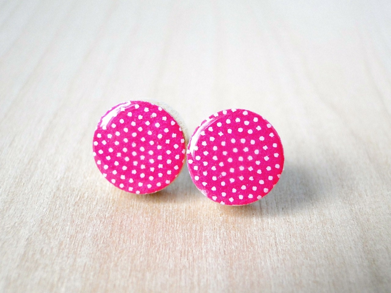 Neon Ear Studs, Hot Pink Earrings, Tiny white polka dots, Japanese Paper, Gift under 10