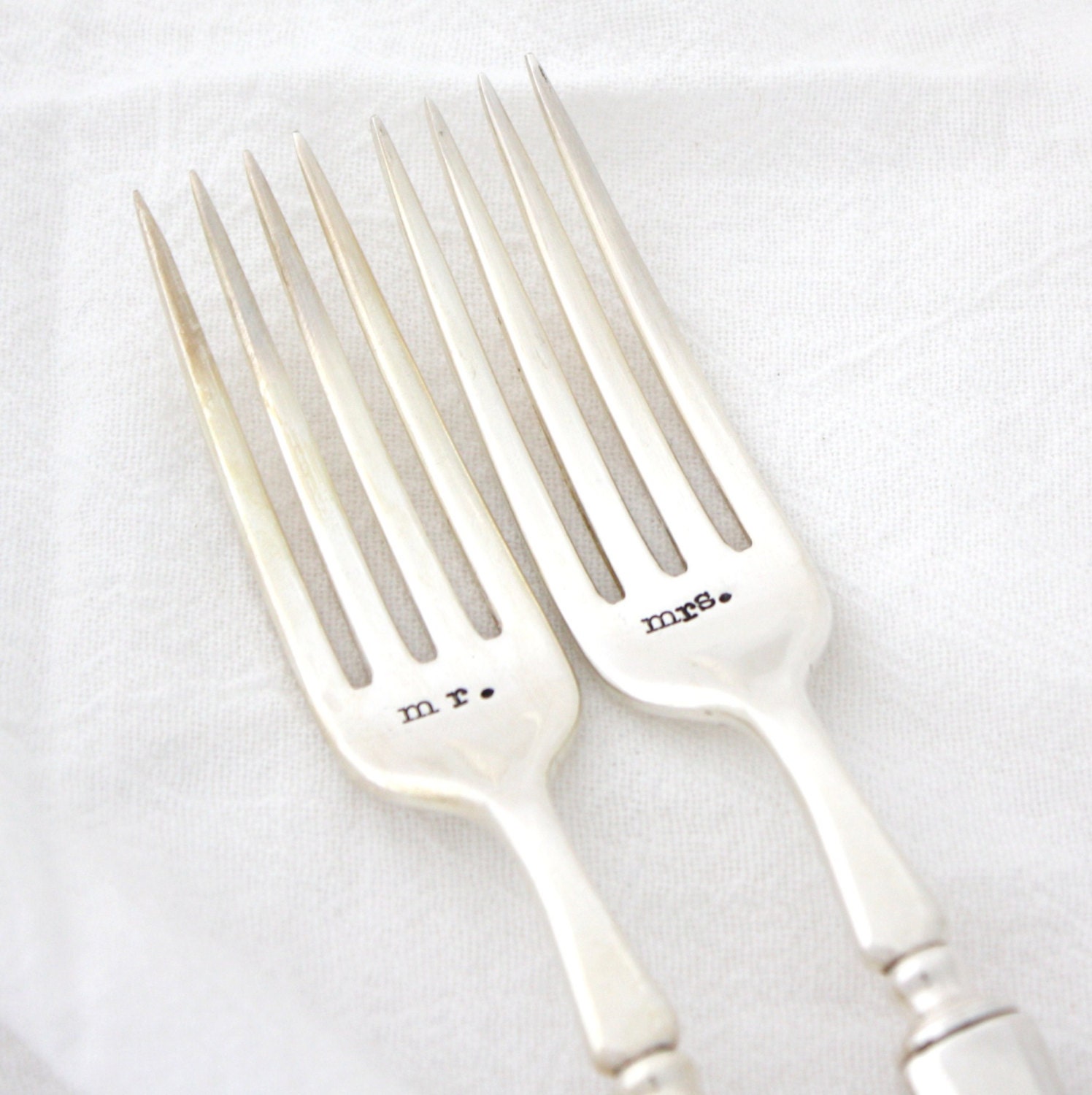 Mr and Mrs wedding forks. Hand stamped wedding decor, unique engagement gift. Place settings by Milk & Honey