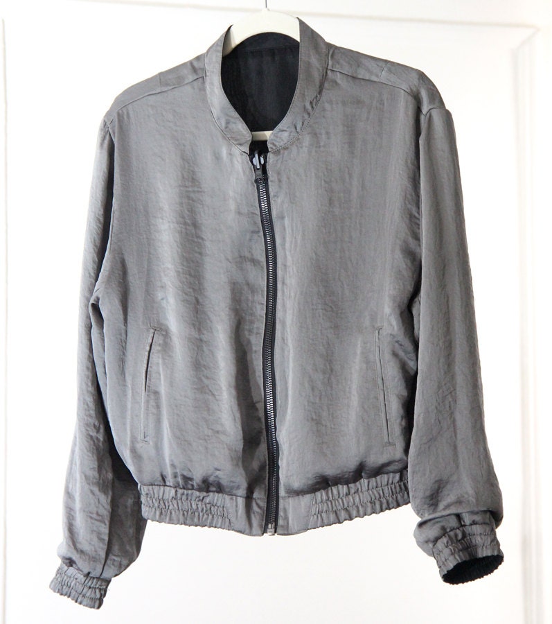 Reversible Gunmetal Silver and Black Silky Bomber Jacket
