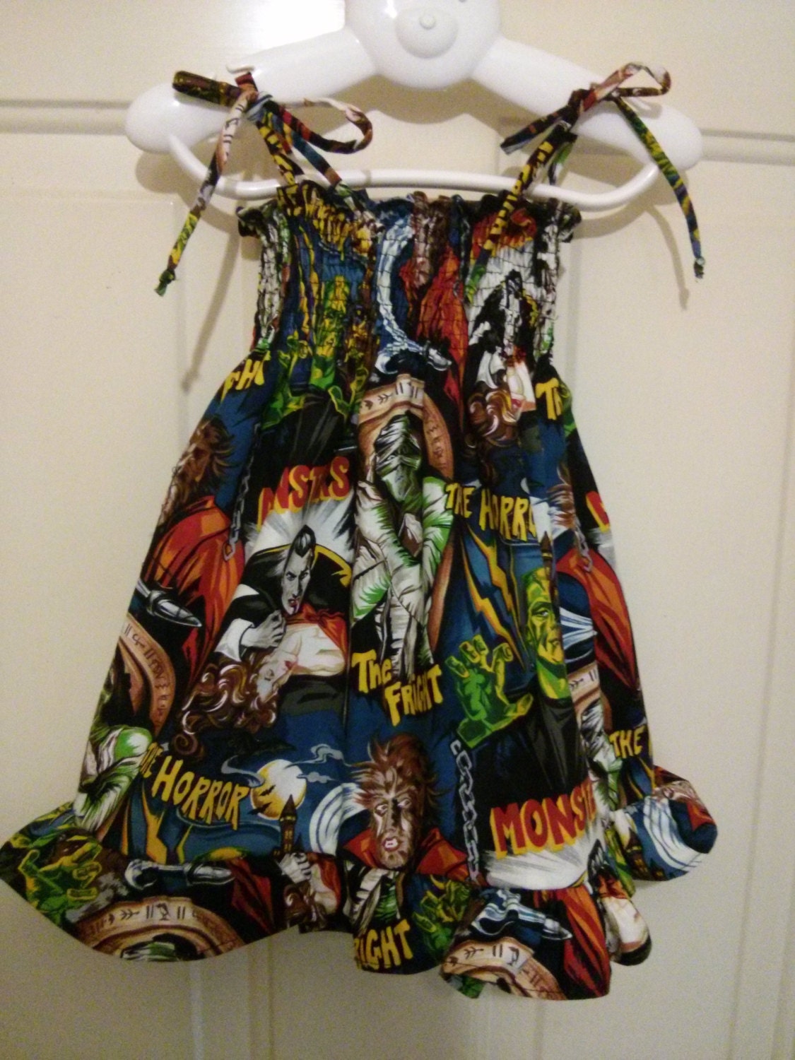Robert Kaufman Monsters pattern cotton shirred sundress 1-3 years