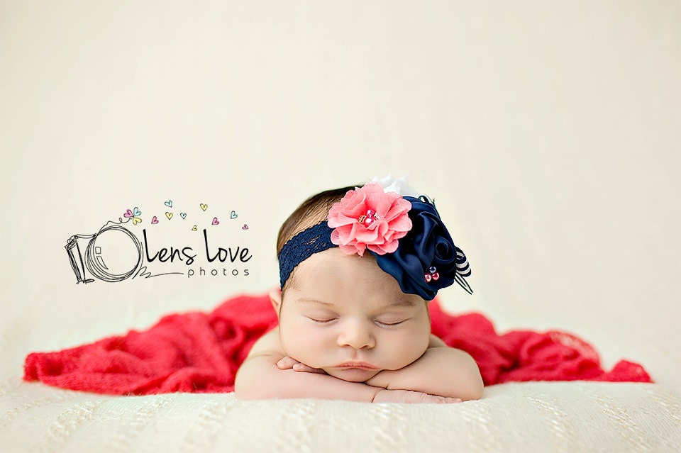 Coral Pink, Navy and White flower headband, navy nautical headbands, baby flower headbands, photography prop, coral headbands