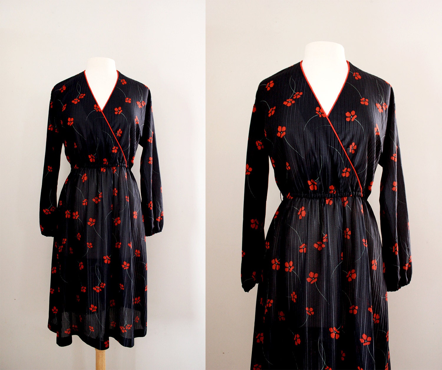 Vintage Red Poppy Flower Print Dress - Wrap Dress with Elastic Waist - Size Large