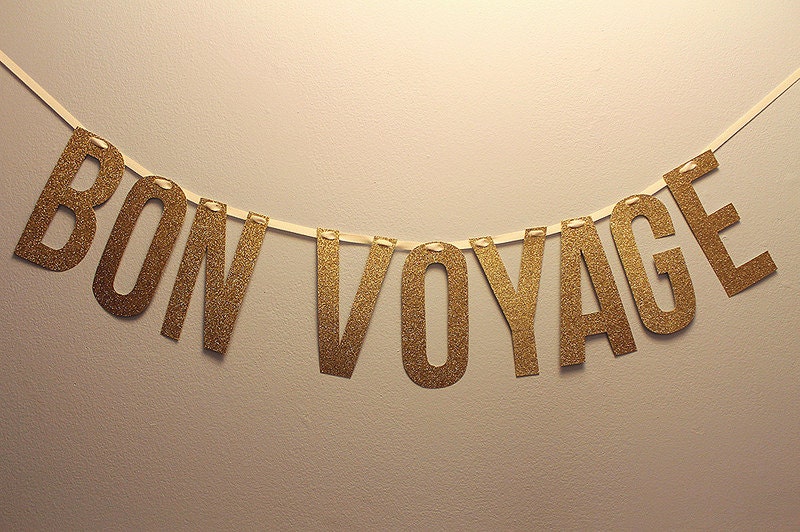 Gold Glitter "BON VOYAGE" Garland Banner perfect for going away parties or wedding getaway cars