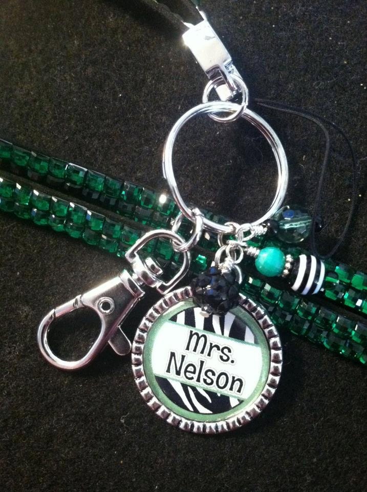 Emerald Green Rhinestone Bling Lanyard with Zebra Print and  Personalized Beaded Bezel Pendant