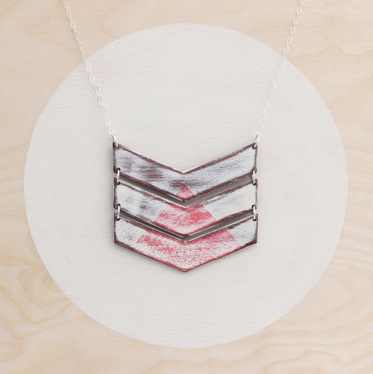 Coral and White Triangle Colorblock Chevron Wooden Necklace