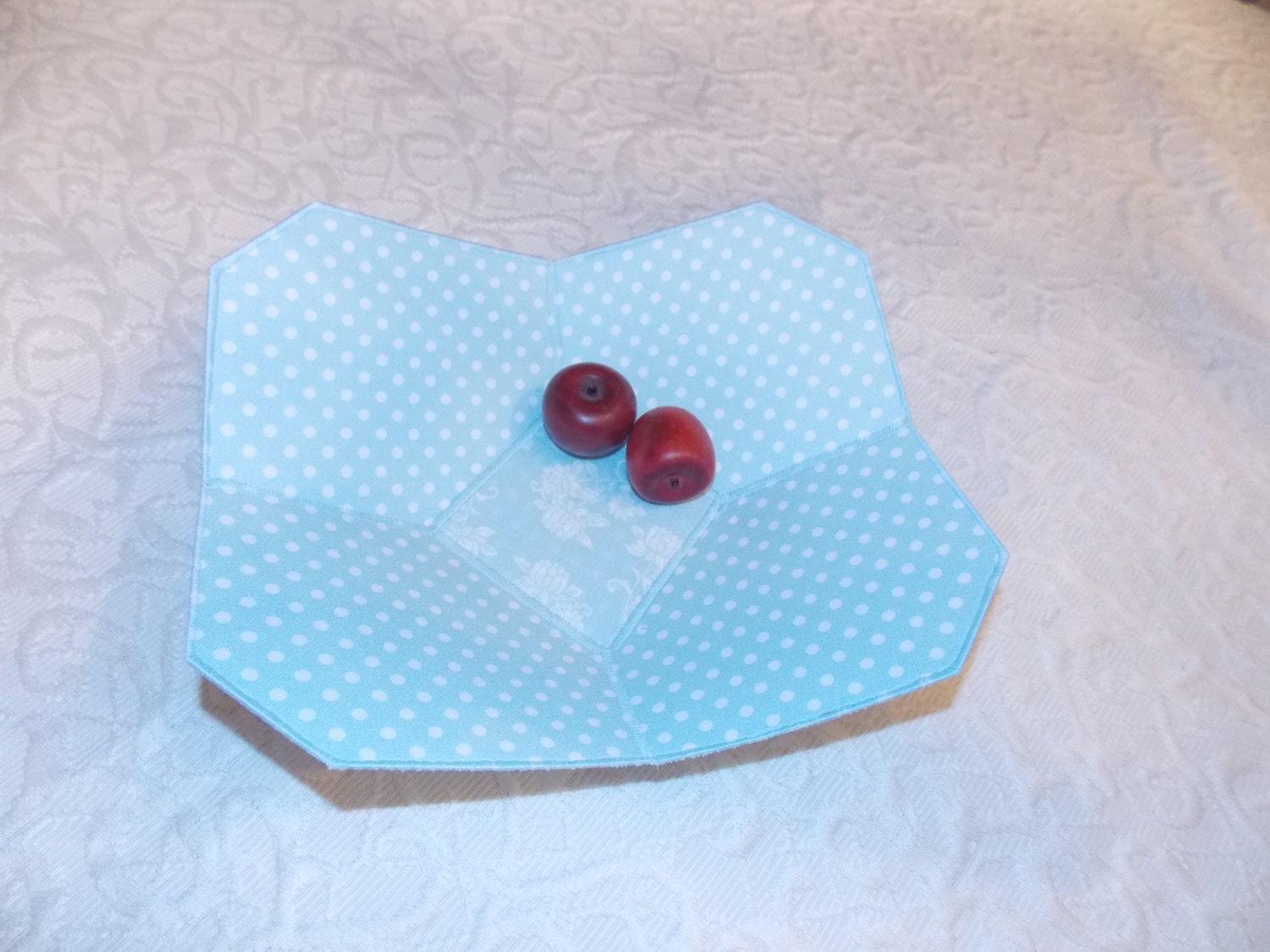 Powder Blue Fabric Bowl in floral and white polka dots