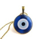 Nazar Evil Eye charm in blue, 1" round antique gold pendant