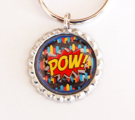 Comic Book Key Ring, Pow, Geek, geekery, Funny key ring, key ring, key chain, bottle cap, funny key chain (2170)