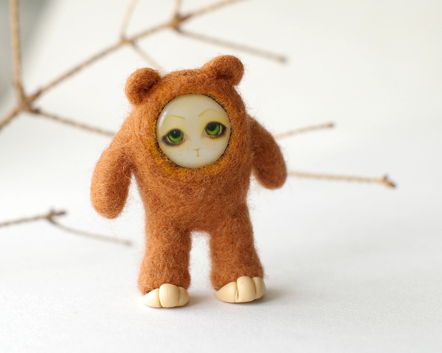 Felted Bear with drawn face - Woodland forest brown pocket bear - brown needle felted toy