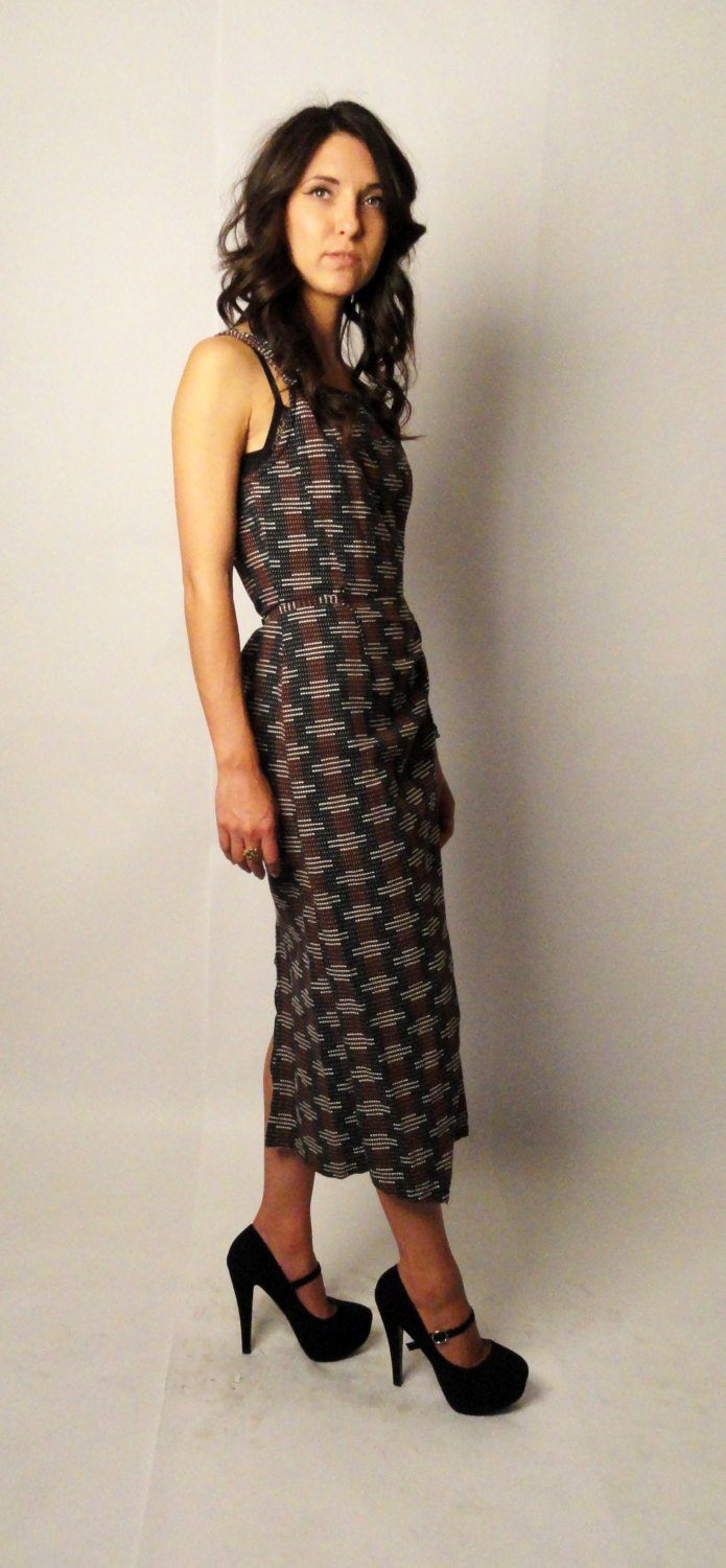 vintage 80s does 40s wrap dress - maxi length - slit in back - mad men mod dress - small S medium M