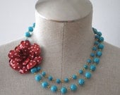 Cherry Red and White Polka Dot Enamel Flower Asymmetrical Necklace Turquoise Blue Beads OOAK - Wedding, Bridal, Bridesmaid Statement Piece