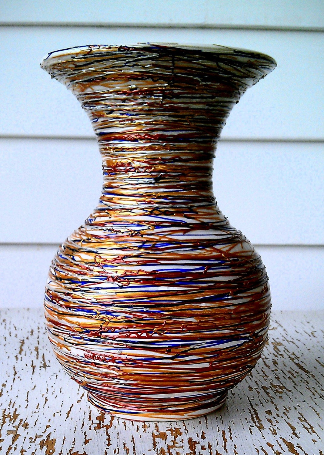 Decorative Large Vase -- White Vase, with Intricate Multicolored Swirl Around Design, Embossed design