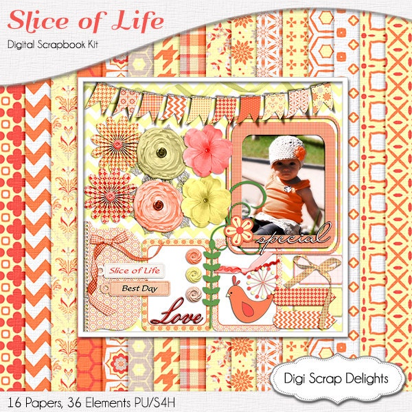 Slice of Life Digital Scrapbook Kit, Orange,Yellow Project Life Journal Cards, Frames, Buttons, Flowers, Instant Download