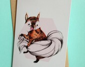 Shy squirrel pencil illustration greeting card with envelope