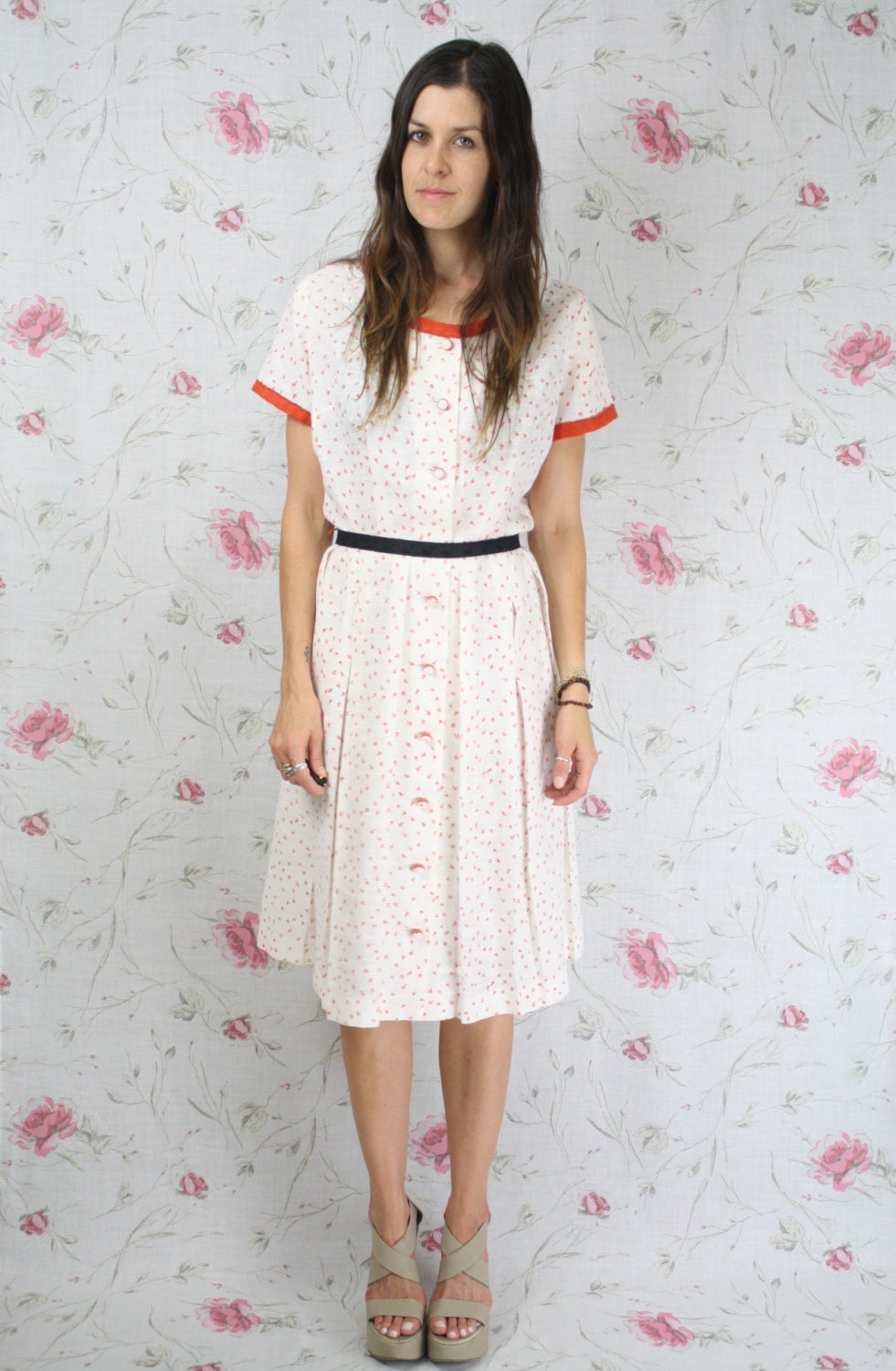 VINTAGE 50s button front dress - white orange floral mid-century 1950s fitted Gala Travelon M