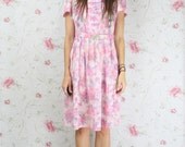 Vintage day dress - Japanese pink purple rose floral pintuck spring 70s 80s M