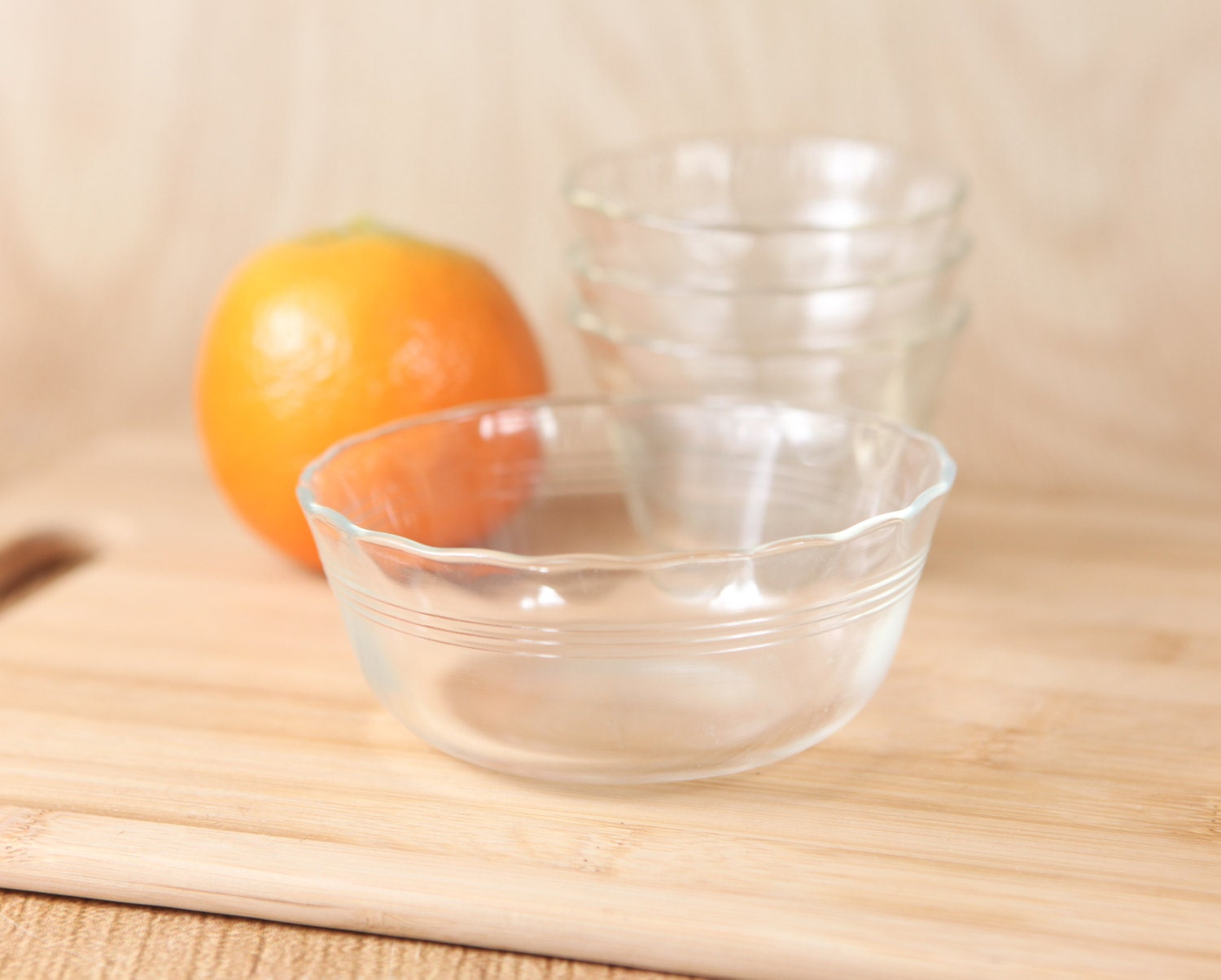 Vintage Pyrex Custard Cups, Clear Glass w/ Scallop Edge (set of 4)