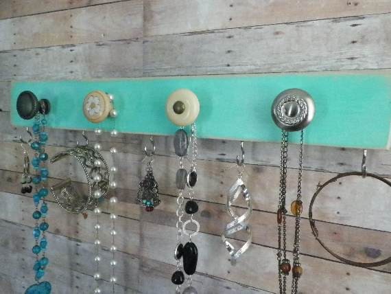 Turquoise Necklace Holder, Shabby Chic Wooden Closet Organizer with Vintage Knobs