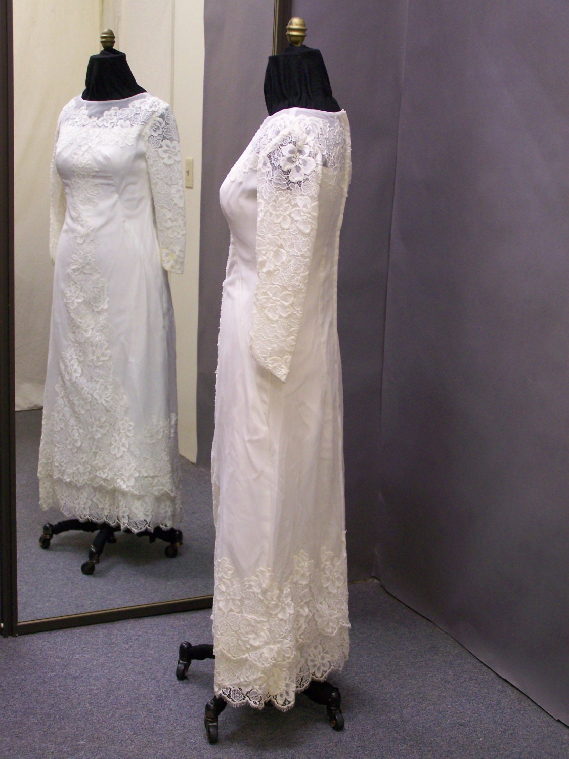 1960's Lace & chiffon sheath wedding gown