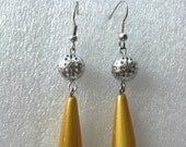 Gold Yellow Mustard Teardrop Silver Bead Long Dangle Drop Earrings, Long Earrings, Wedding Jewelry, Bridesmaid Earrings