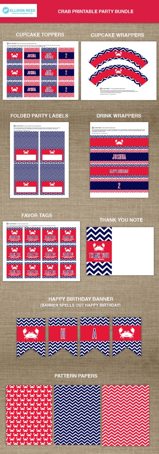 Crab Birthday - Crab Printable Party - Nautical Birthday - Nautical Printable - Chevron - Beach Birthday - 2nd birthday - First Birthday