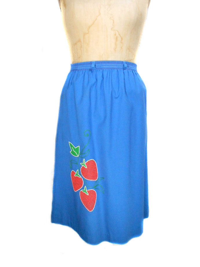 1970s Strawberry Skirt - Fruit Novelty Print - Elastic Waist - Blue - Spring Summer - Size Small