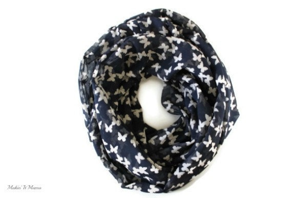 Infinity Scarf, Blue and White Butterfly Scarf, Fashion Scarf