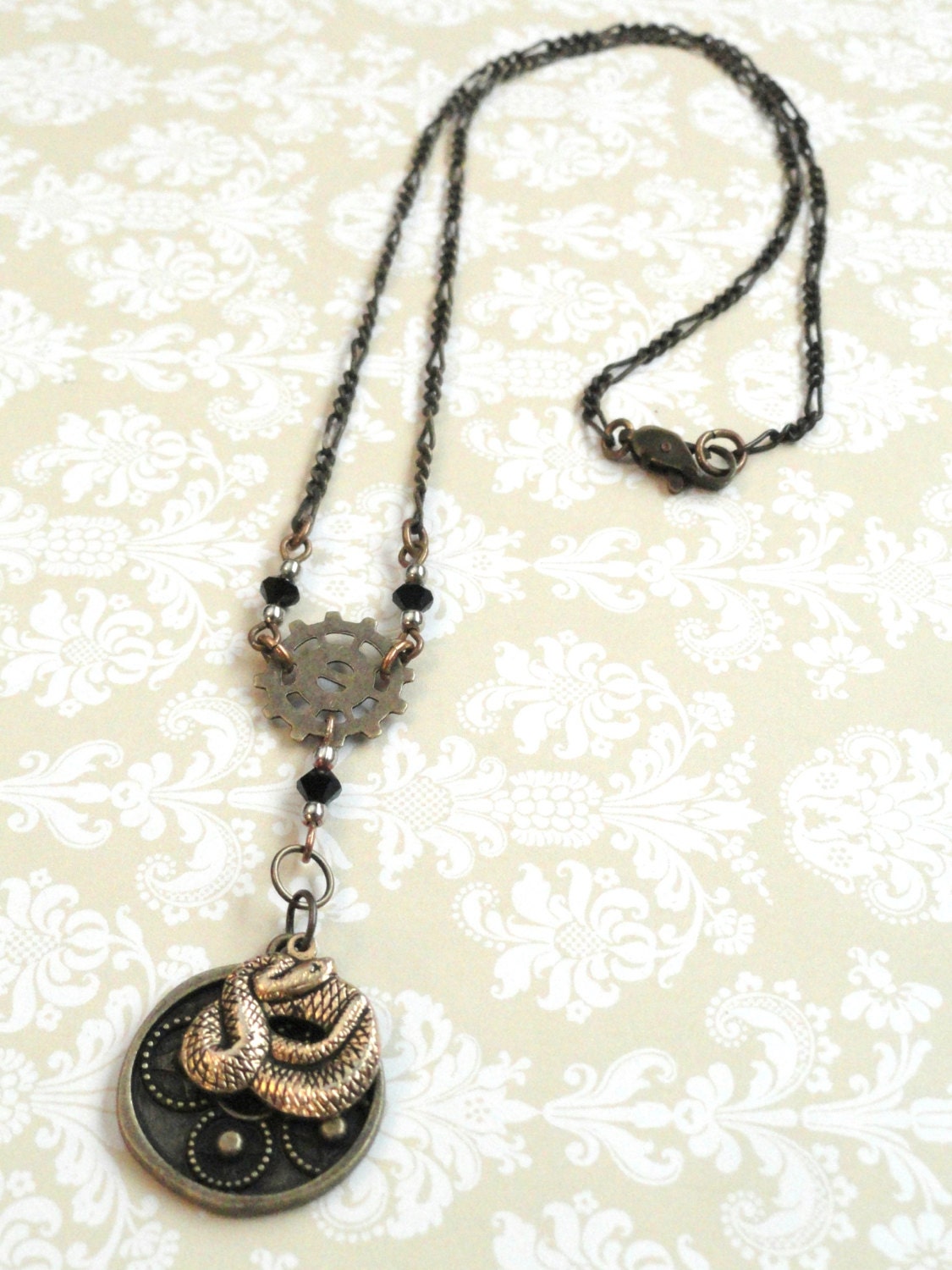 Steampunk Gear Necklace - Gear Necklace with Snake Charm - Gear Rosary - Steampunk Jewelry - Gothic Jewelry - Upcycled Jewelry