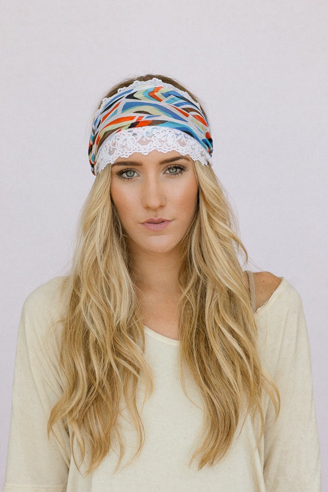 Lace Headband Head Wrap Colorful Leaf Pattern Stripe Chiffon Trimmed with Lace Stretchy Wide Blue, Orange, Aqua (HB-WDE120B)