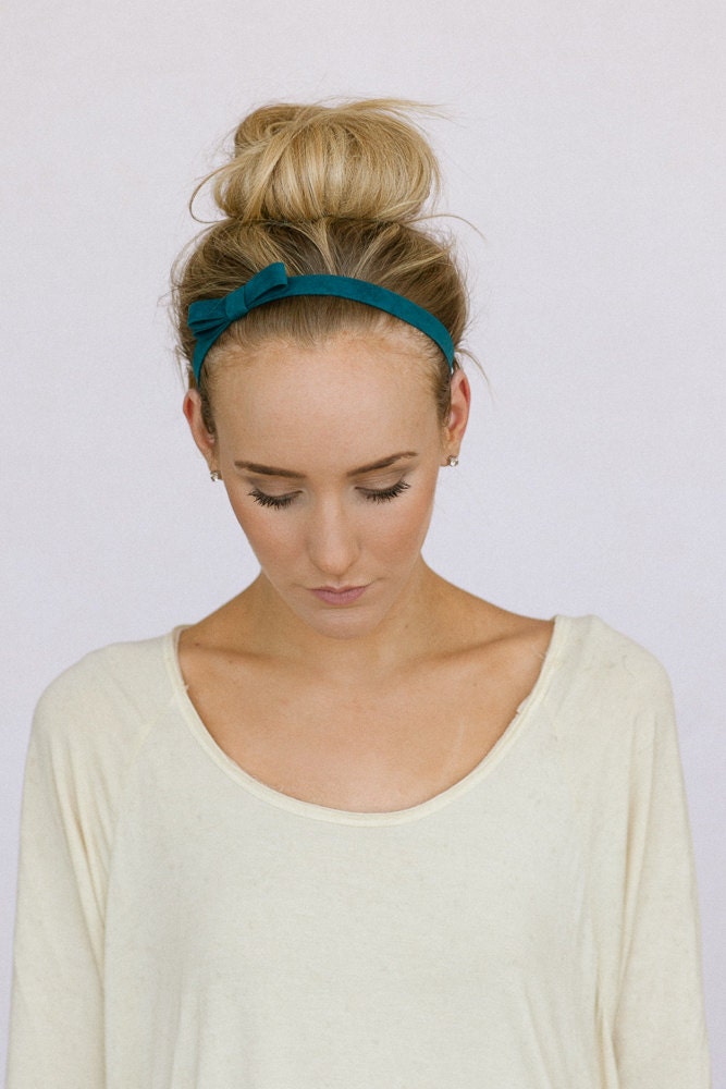 Teal Blue Velvet Bow Stretchy Headband Non-Slip Bow Headbands in Velvet ribbon and black elastic hair ties for added hold (HB-142E)