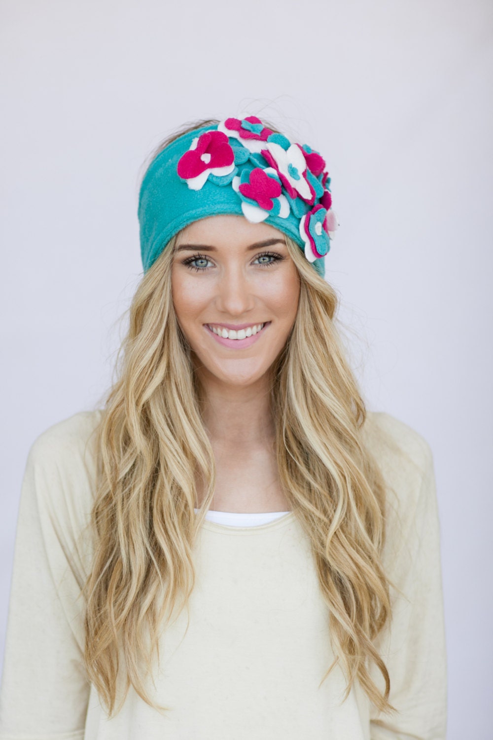 Fleece Floral Headband Ear Warmer with Flowers Adjustable Winter Head Wrap (Aqua Pink White)