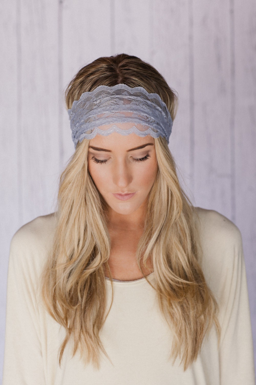 Gray Sheer Lace Headband with Tapered Cut and Scalloped Edge - Sheer Simplicity Headband