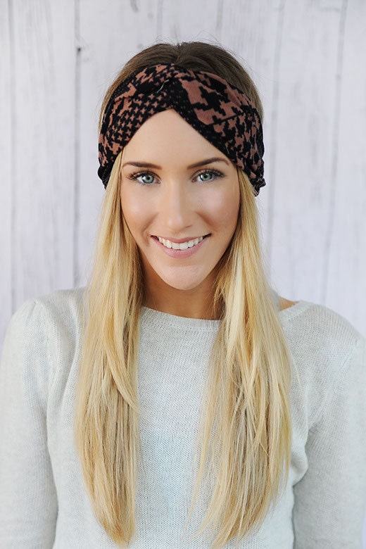 Fashion Turban Headband CARAMEL and Black Tribal Aztec Headband Knit Wide Turband Twist Headband