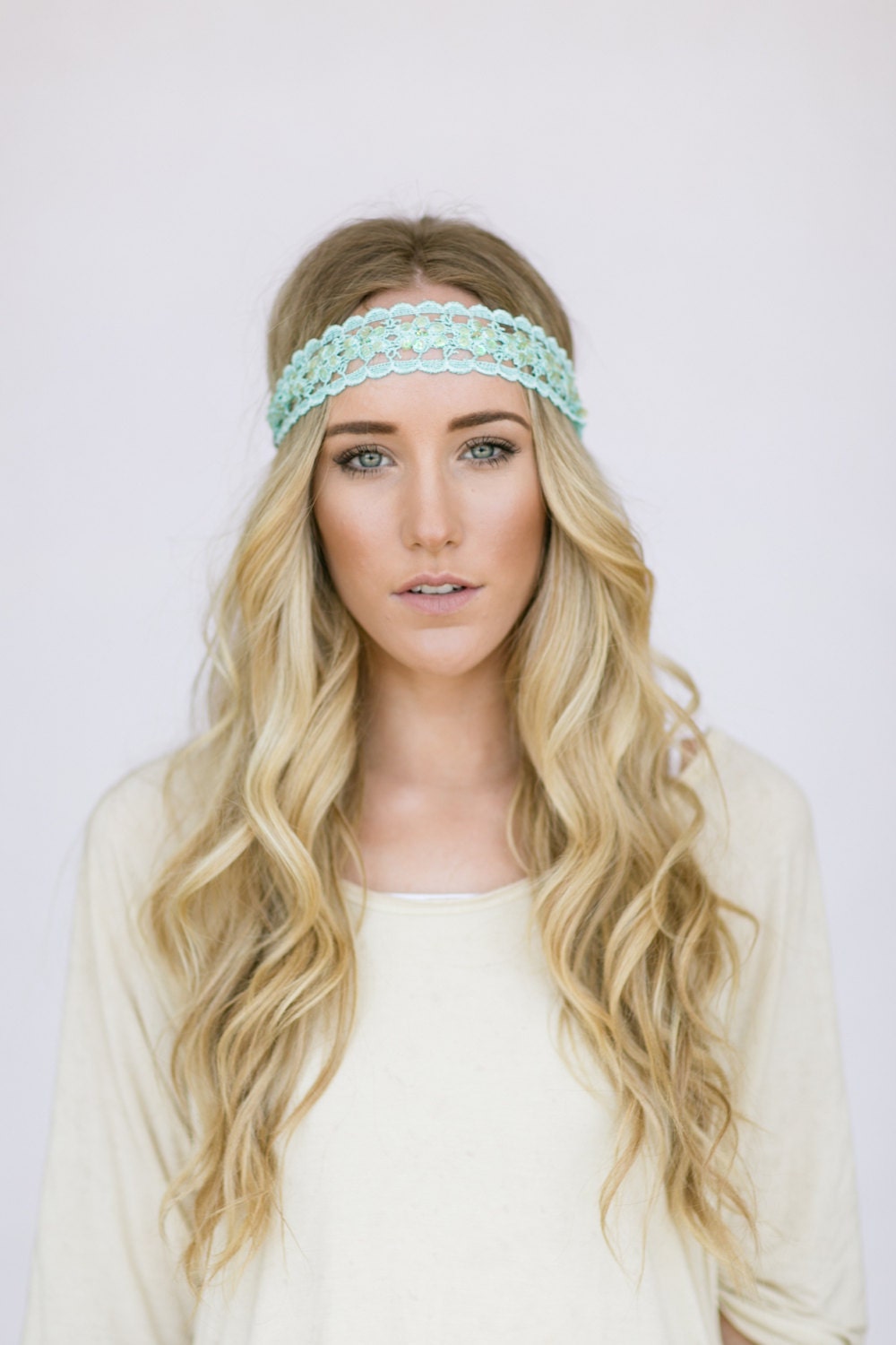 Mint Boho Head Wrap Crochet Ribbon Headband Beaded & Sequins in Tiffany Blue with Ribbon Tie Backs - Hip To It Headband